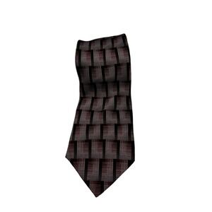 Bill Blass Vintage Silk Geometric Grid Pattern Necktie Burgundy Gray Black